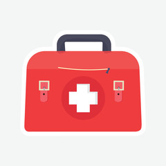 Fototapeta premium Red Medical First Aid Kit Vector Sticker. Vibrant red first aid kit sticker with a white cross, perfect for medical, health, and safety-related designs. Ideal for digital and print use