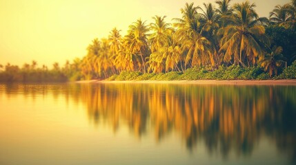 Golden sunset reflecting on calm water, palm trees on beach.