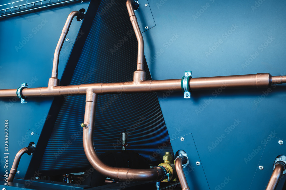 Poster pipe is made of copper and is curved. the pipe is attached to the wall. the pipe is curved in such a