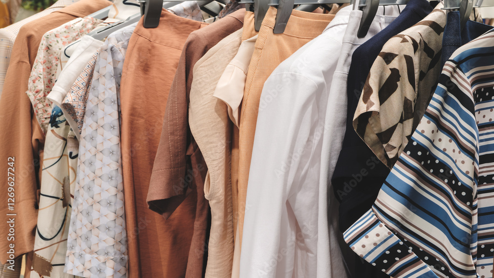 Aufkleber a rack of clothes with a variety of colors and patterns. the clothes are hanging on hangers and are 
