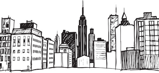 Obraz premium City landscape. Different buildings on street, outline cityscape hand sketch, flat houses. Hand drawn vector illustration