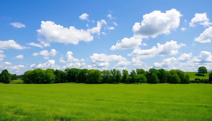 Stunning view of a vibrant green field under a bright blue sky with fluffy white clouds, idyllic summer countryside landscape.