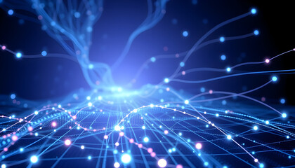 Fototapeta premium Abstract blue network of connected dots and lines representing artificial intelligence and data processing