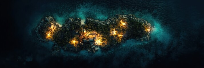 Obraz premium Island Village Illuminated At Nighttime Surrounded By Ocean