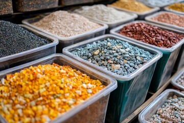 Various colorful stones and pebbles displayed in plastic containers at a market stall, creating a vibrant and textured display