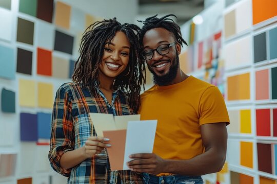 Two designers holding color swatches and smiling in paint store