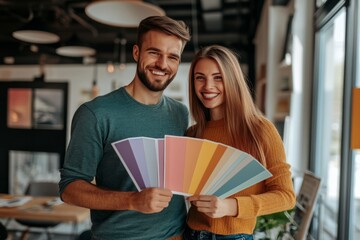 Two young interior designers are smiling and holding a color palette, choosing trendy colors for a home renovation project