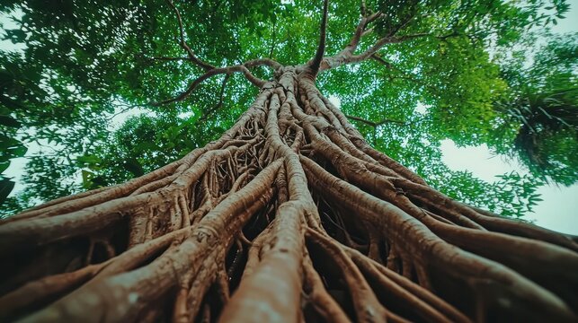 Majestic tree roots, lush forest, upward view, nature background, environmental poster