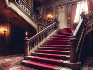 Obraz premium Staircase with Red Carpet and Chandelier