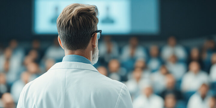 Medical conference professional speaker engages audience in knowledge sharing