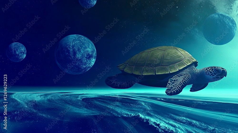 Poster Exploring the Cosmos With a Turtle Gliding Through Vibrant Astral Waves