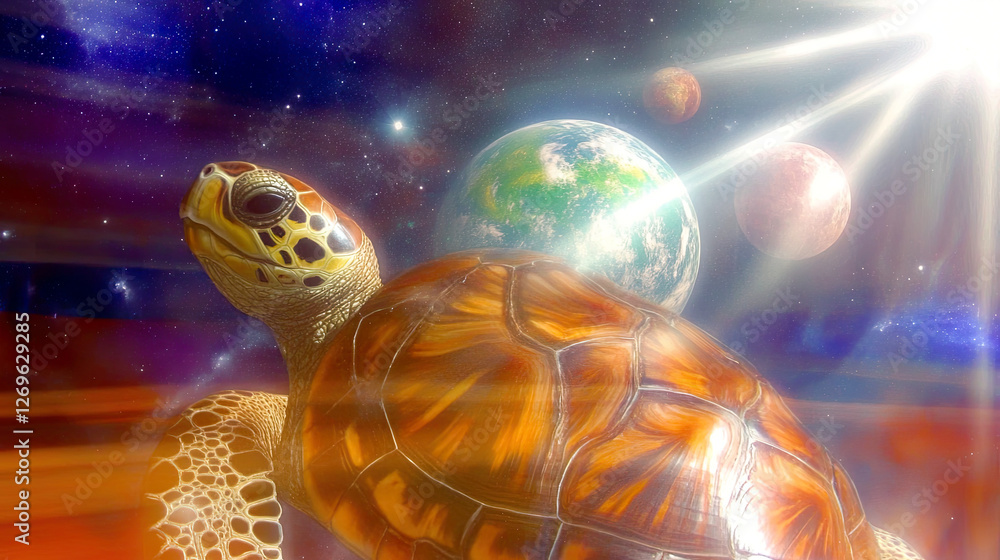 Poster Turtle Exploring the Vastness of Astral Space Under the Glow of Distant Celestial Bodies