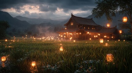Fototapeta premium Illuminated Asian temple at dusk in rice paddy.