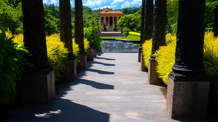 Obraz premium serene stroll through Baroque inspired landscape garden, featuring vibrant yellow foliage and elegant columns leading to picturesque pavilion. tranquil water reflects lush greenery, creating