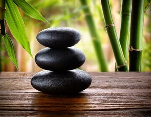 zen basalt stones and bamboo on the wood