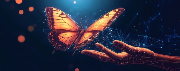 Polygonal hand reaching for a polygonal butterfly on dark blue background