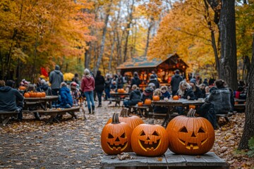 Three carved pumpkins sit on a wooden table, adding a festive touch to a vibrant autumn forest scene where families enjoy halloween celebrations