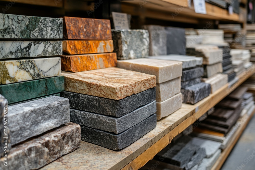 Poster various marble slabs showcasing diverse colors and textures are neatly stacked on wooden shelves, re