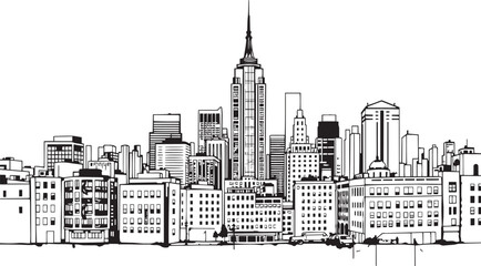 City landscape. Different buildings on street, outline cityscape hand sketch, flat houses. Hand drawn vector illustration