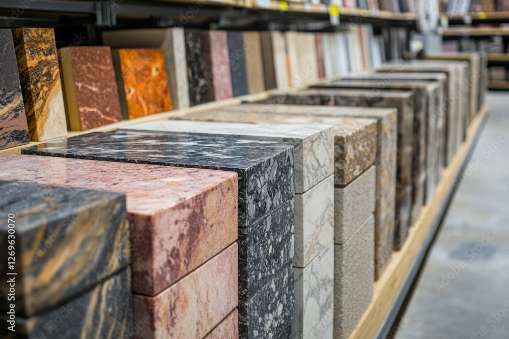 Poster stone slabs are displayed in a warehouse, showcasing a variety of colors and patterns for countertop