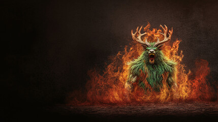 monstrous creature with antlers emerges from flames, showcasing fierce expression. vibrant green fur contrasts with fiery background, creating dramatic scene