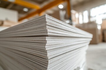 Stacked plasterboard panels await use in a construction or renovation project, highlighting the scale of material preparation