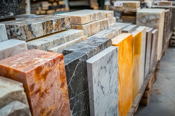 Colorful marble slabs presenting various textures are displayed in a warehouse, ready for selection and use in construction or design projects