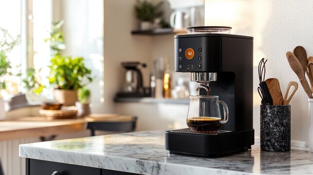 Black coffee maker brewing espresso into glass mug on marble kitchen counter.