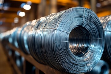 Close-up of shiny metal wire coils, showcasing industrial manufacturing and storage within a warehouse or factory setting