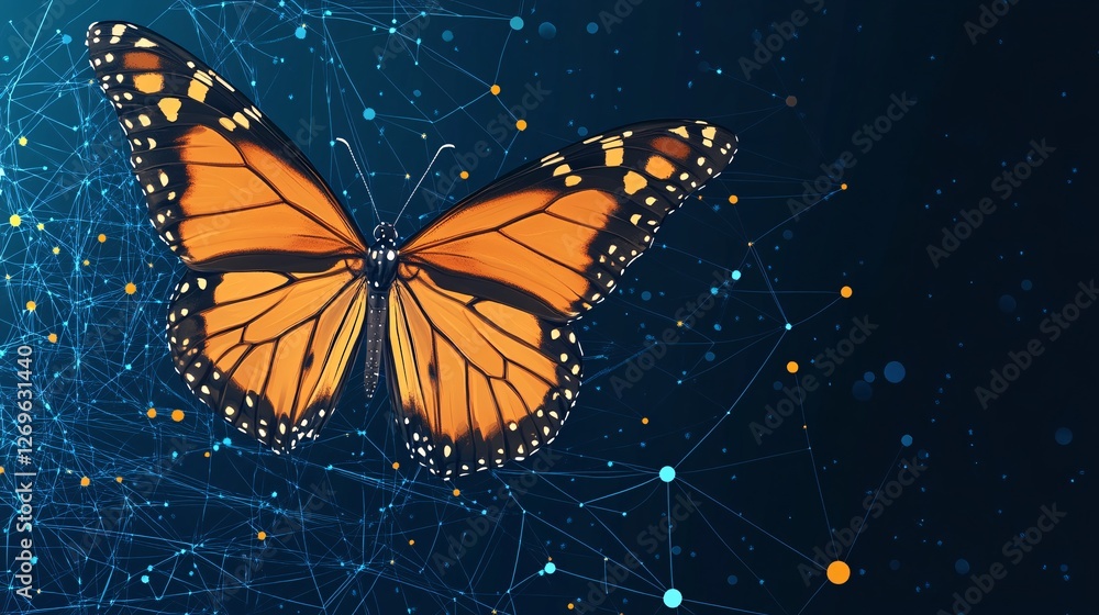 Poster monarch butterfly flying through abstract network connections background