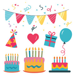 Colorful Birthday Party Vector Set, Festive Cake, Balloons, Gifts and Decorations. Perfect for Invitations, Posters, and Social Media. High Quality EPS an PNG for Stock and Graphic Design Trends 2024.