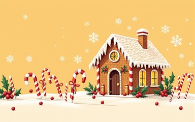 Obraz premium Gingerbread House with Candy Canes and Holly Berries