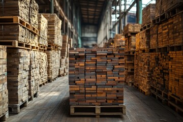 Large stacks of lumber sit on pallets inside a warehouse or lumber yard