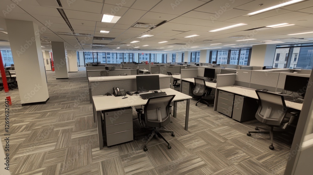 Poster a large office space featuring rows of cubicles