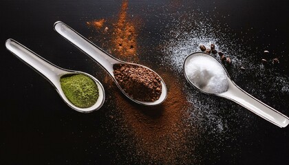 spoons with ground coffee cocoa green tea and sugar on black background sprinkled with sugar coffee cocoa powder