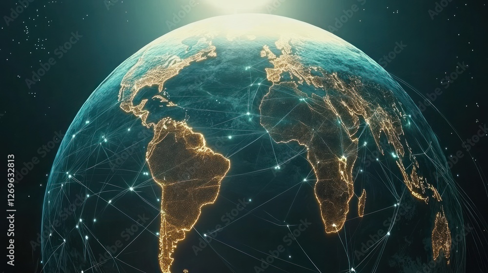 Poster earth viewed from space with digital network connections visible