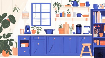 Cozy blue kitchen interior, plants, cooking