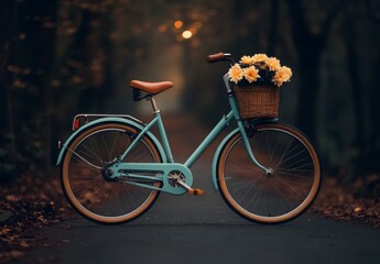 Fototapeta premium Vintage bicycle with flowers in basket on wooded pathway at dusk