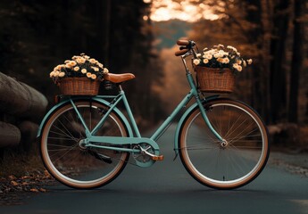 Vintage Bicycle with Flower Baskets on Scenic Forest Path