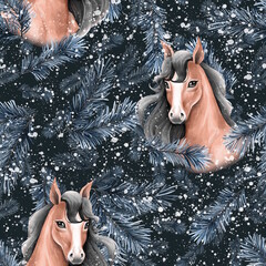 Hand-drawn seamless pattern with horse and fir tree branches and snow © Gribanessa