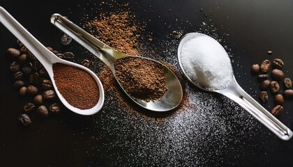 spoons with ground coffee green tea and sugar on black background sprinkled with brown and white sugar coffee cocoa powder