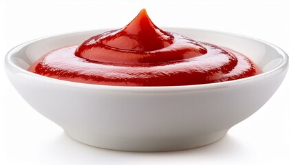 red tasty ketchup in small white bowl front view isolate on white background