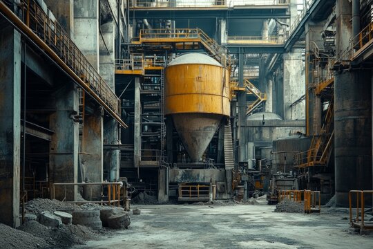Exploring the decaying interior of an abandoned factory, featuring concrete structures, metal pipes, and a large industrial hopper