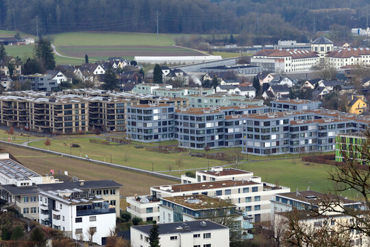 View of a modern residential area on a cloudy winter day. Town of Lenzburg, canton of Aargau, Switzerland.