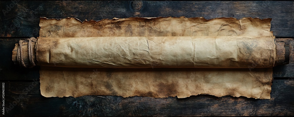 Poster old blank scroll on a wooden table waiting to be written on