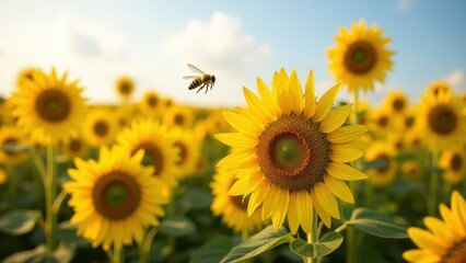 Fototapeta premium Pollen allergy symptoms, Field sunflowers clear sky extracting pollen dynamic photorealistic.