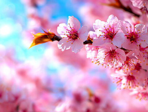 Close up view of cherry blossom branch showcasing vibrant pink flowers illuminated sunlight set against soft blue sky creating serene and peaceful ambiance.