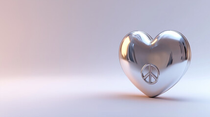 Shiny metallic heart with peace sign on minimalist background