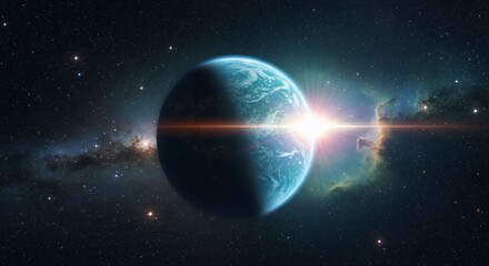 Blue planet with sun flare in a starry nebula background