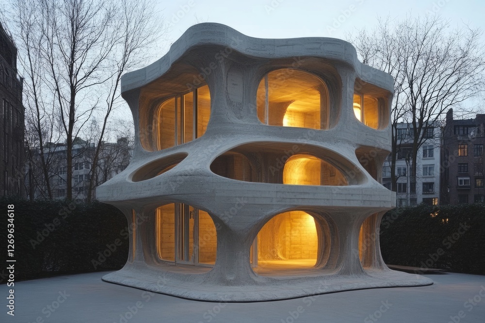 Poster illuminated biomorphic concrete structure standing in an urban environment at dusk, showcasing innov
